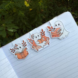 Spooky Fall Mini-Marks Bookmark, three ghost designs on a notebook