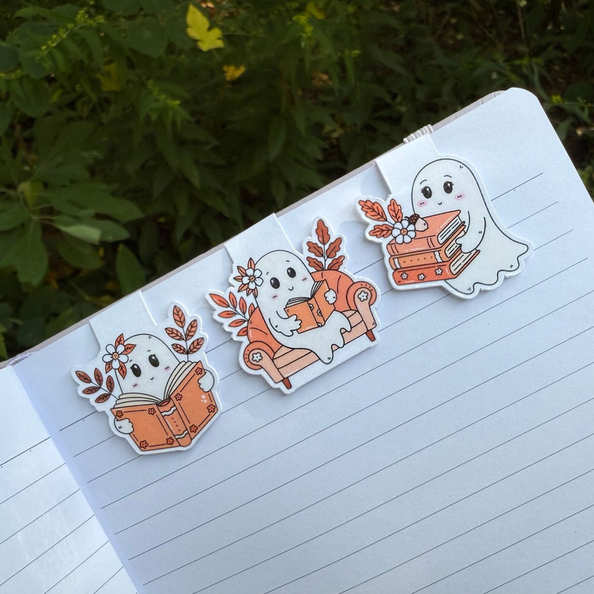 Spooky Fall Mini-Marks Bookmark, three ghost designs on a notebook