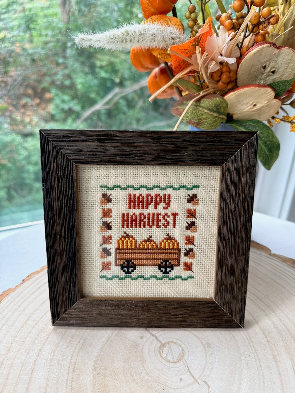 Hand-Stitched Fall Happy Harvest cross stitch in Dark Walnut frame