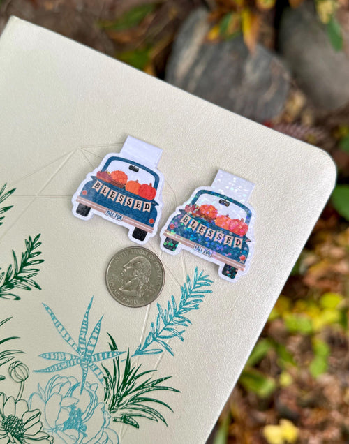 Blessed fall pumpkin truck Mini-Marks bookmark, Clear and Holographic laminate side by side