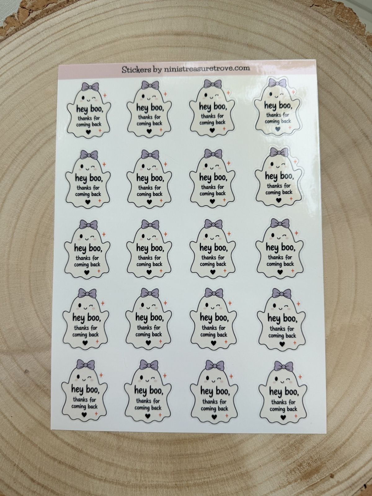Hey boo returning customer sticker sheet, 20 ghost stickers