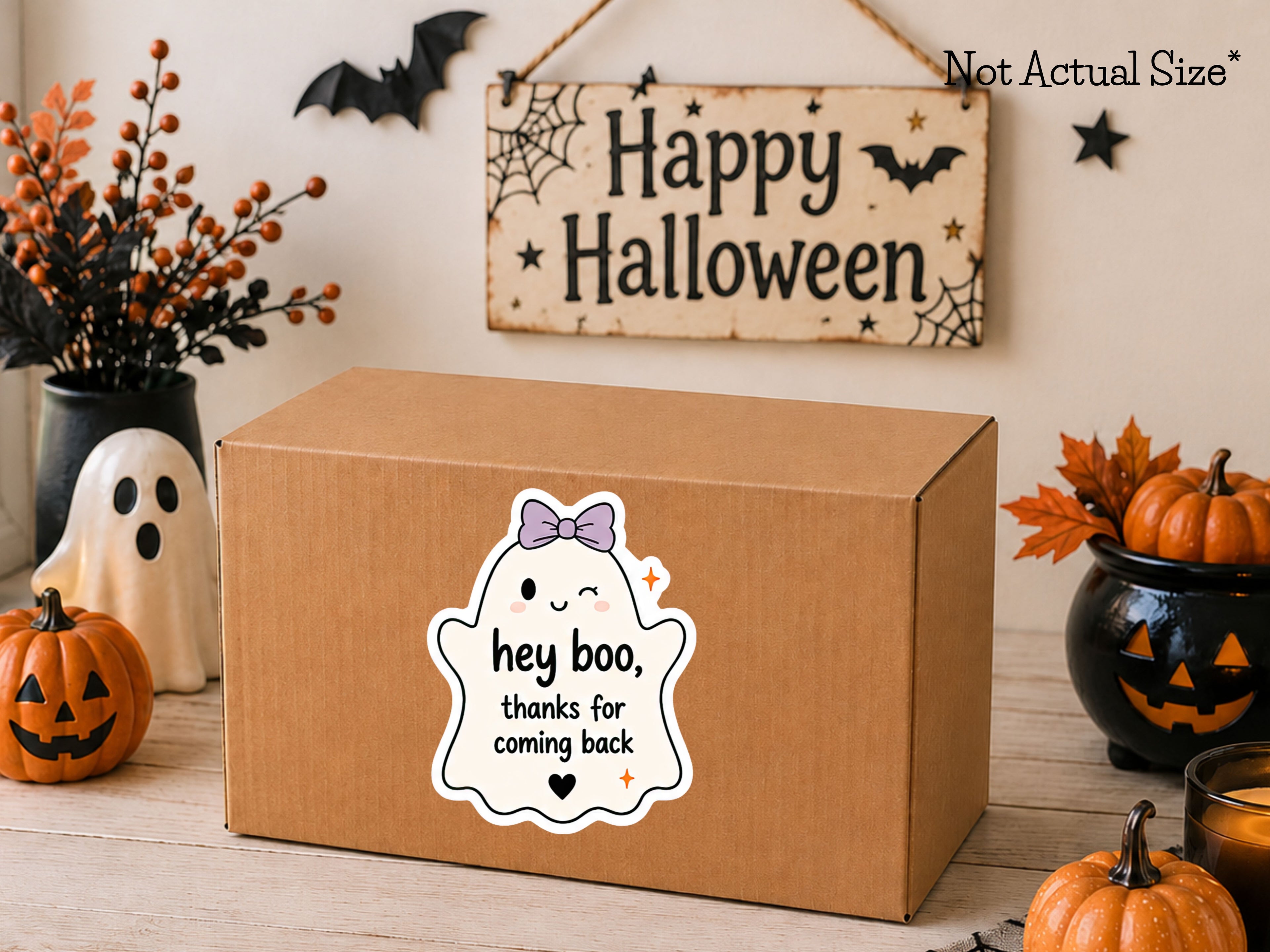 Hey boo thanks for coming back ghost sticker on a Halloween happy mail box