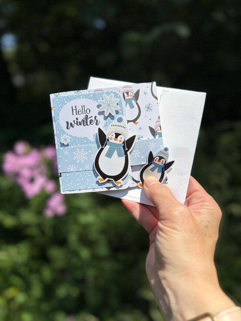 Penguin Hello Winter pop-up gift card holder card