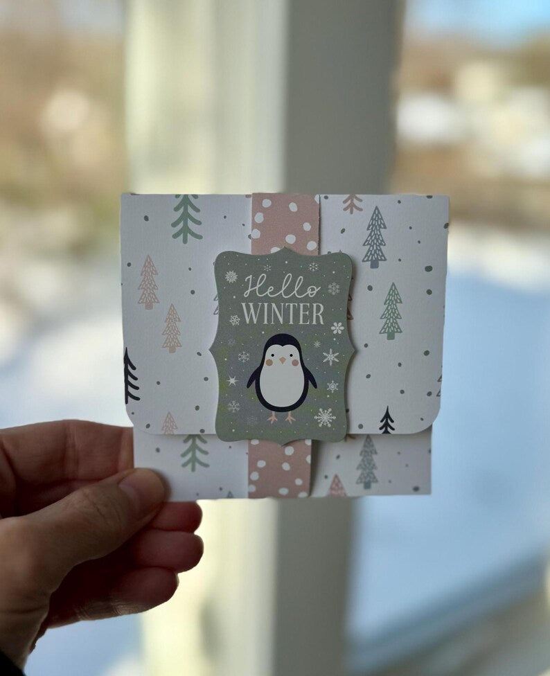 Hello Winter penguin gift card holder card
