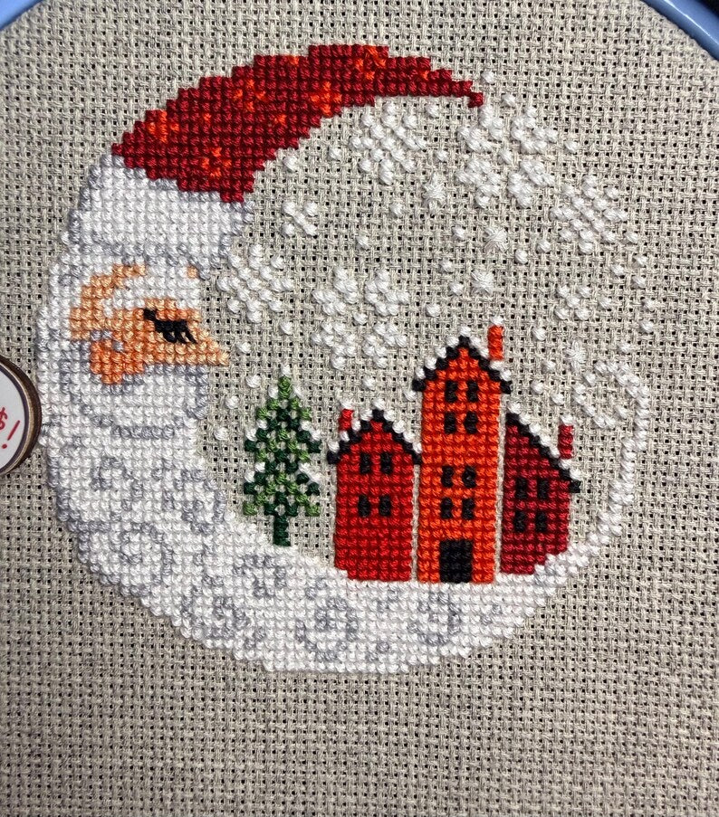 Cross-stitch embroidery, Santa Christmas Village design unframed