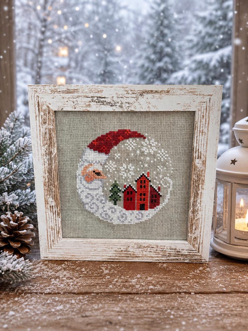 Framed cross-stitch, Santa Christmas Village, distressed white frame
