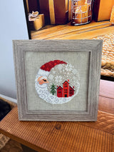 Framed cross-stitch, Santa Christmas Village, gray frame
