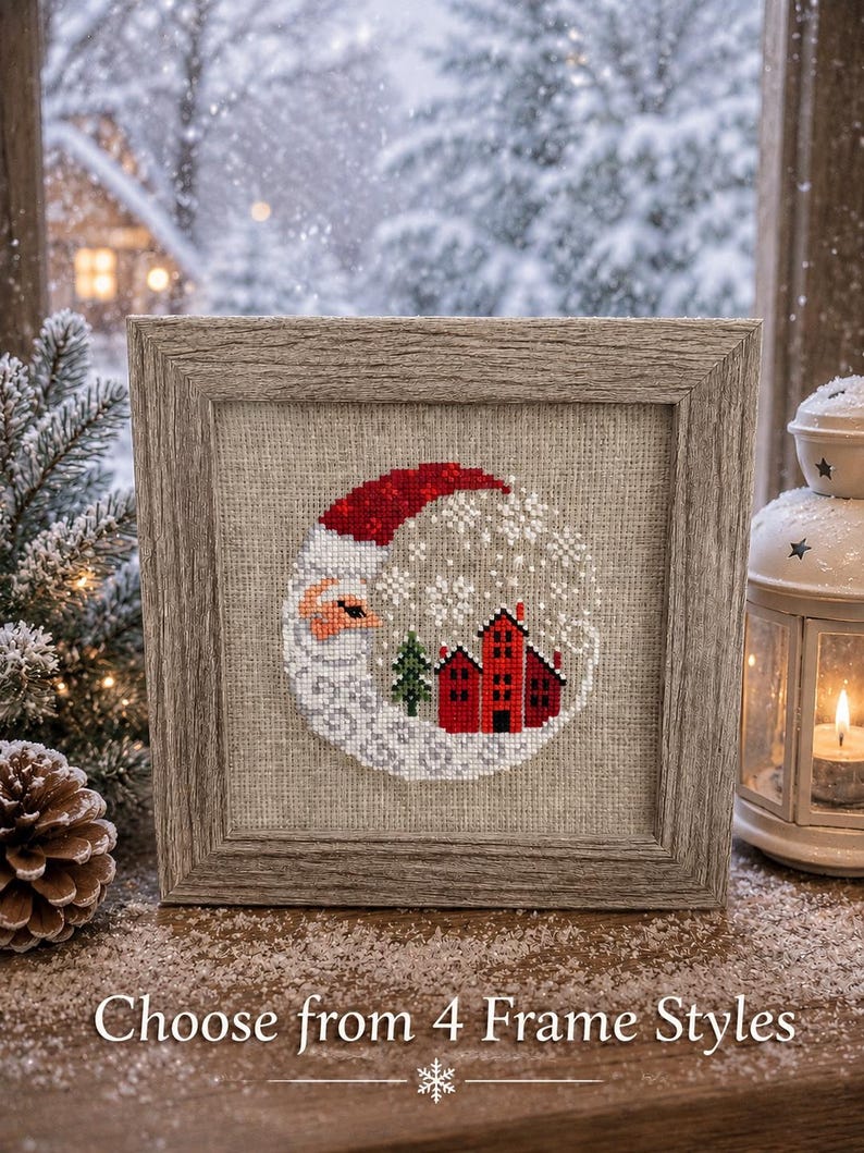 Framed cross-stitch, Santa Christmas Village, shows 4 frame style options