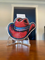 Holographic red cowboy hat magnetic bookmark, close-up angle
