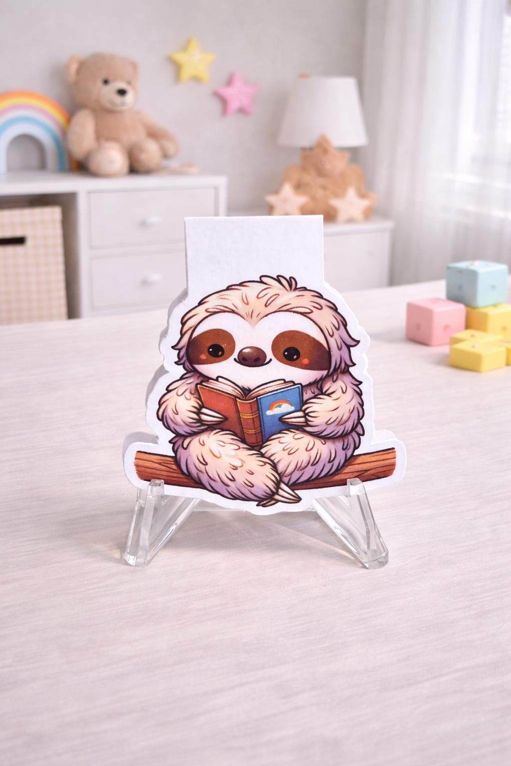 Reading sloth magnetic bookmark displayed on a stand