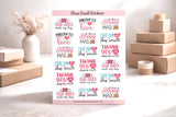 Happy Mail thank-you sticker sheet propped beside dried flowers and kraft gift boxes, 18 small-business packaging stickers