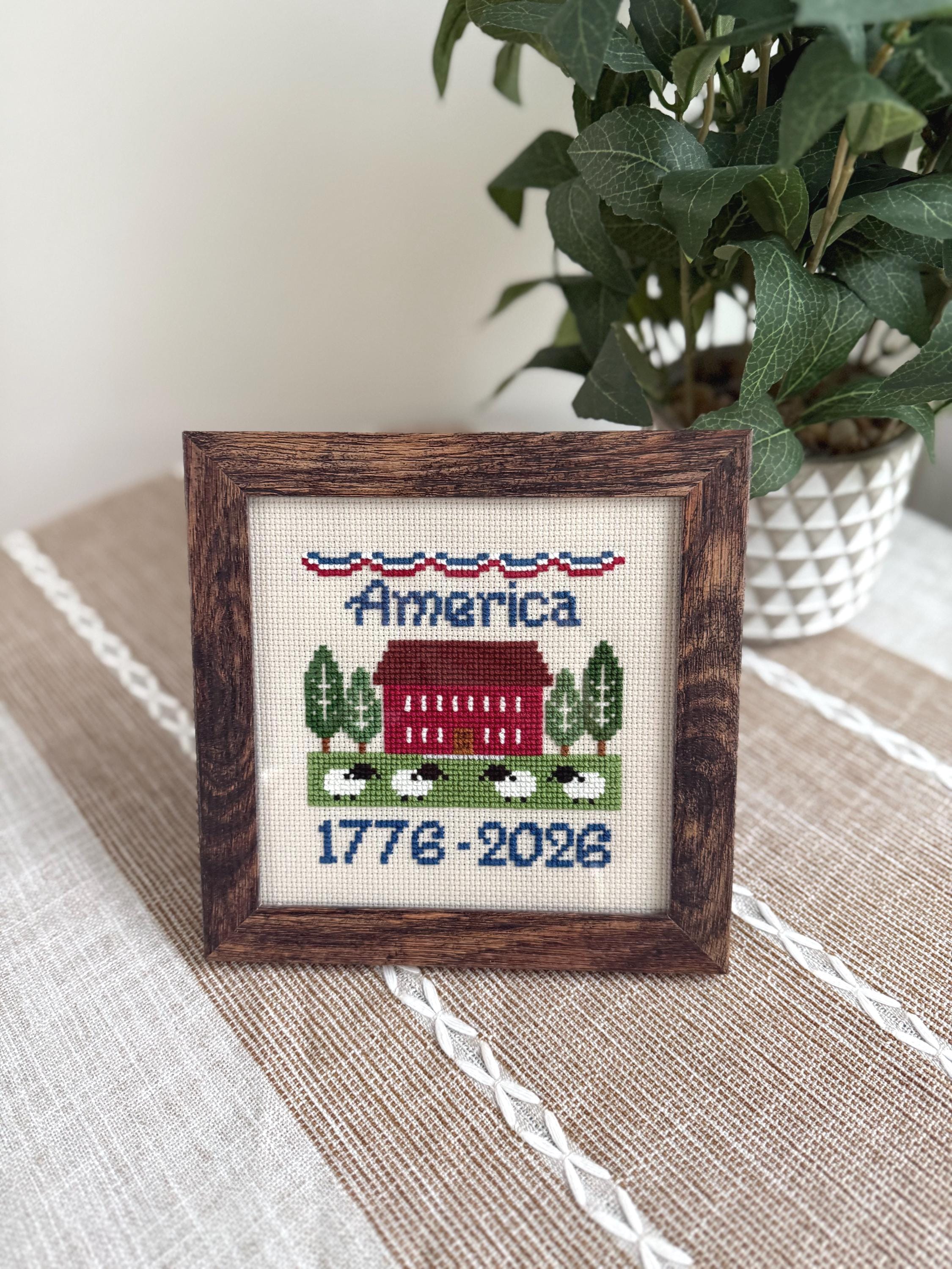 Hand-stitched America cross-stitch, alternate view