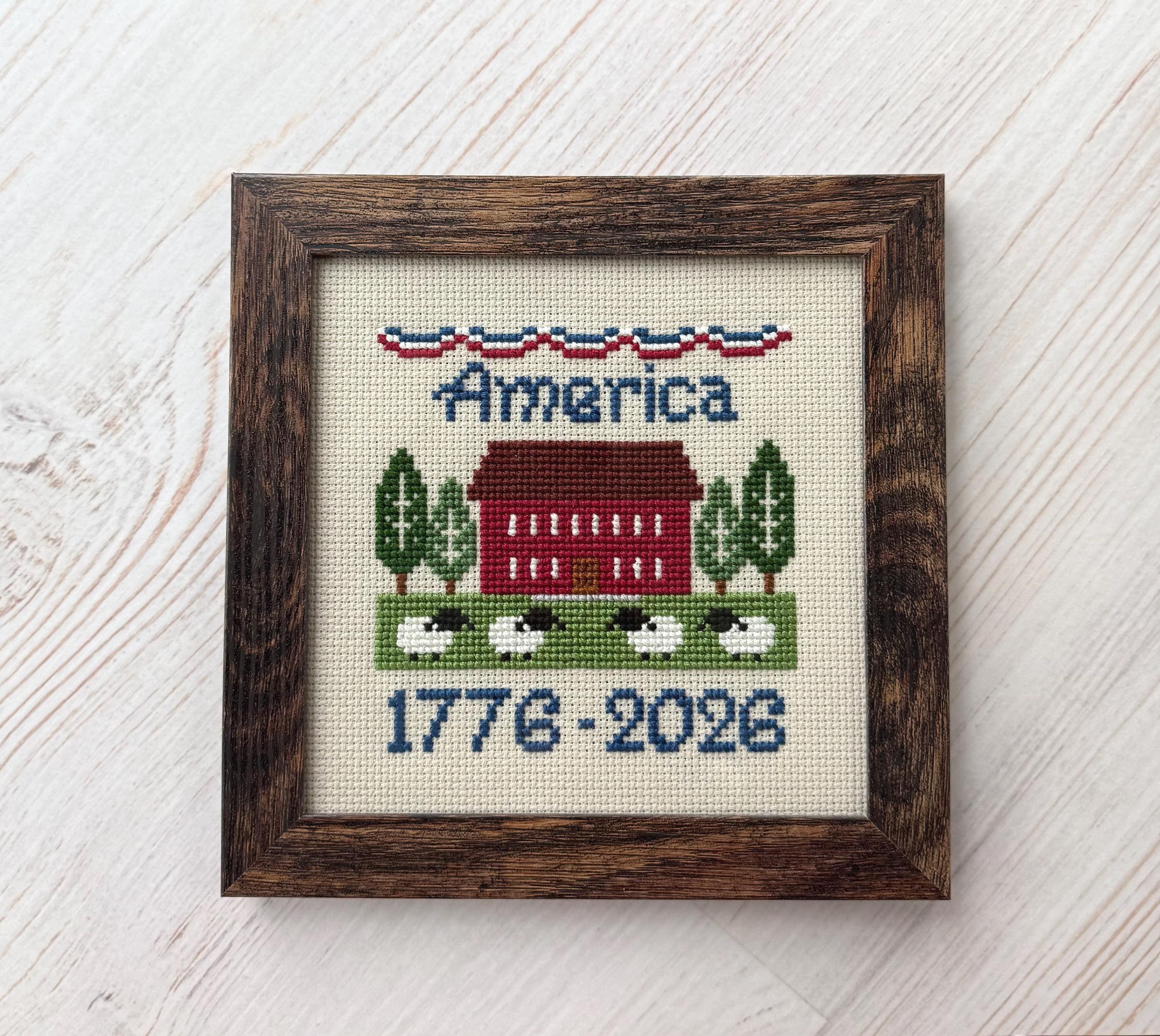 Hand-stitched America cross-stitch, banner detail