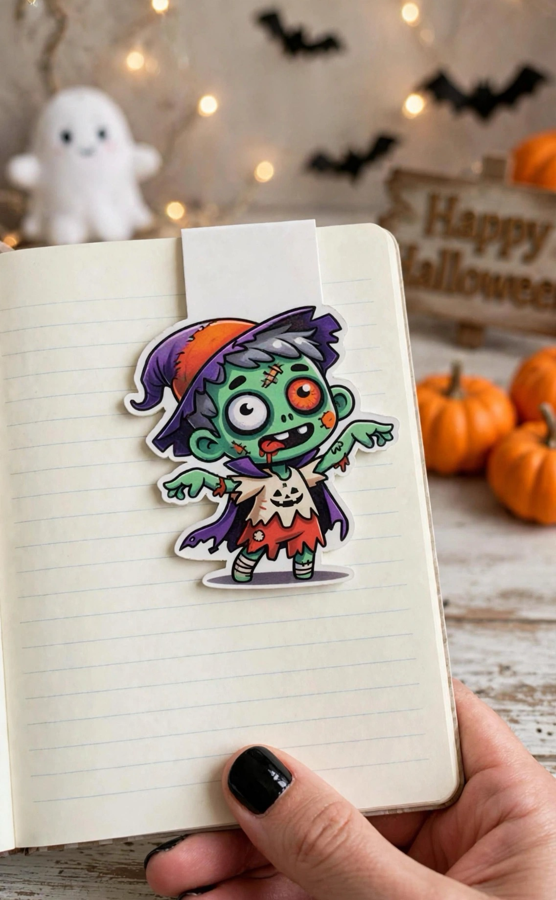Halloween zombie kid magnetic bookmark clipped on an open notebook with pumpkins